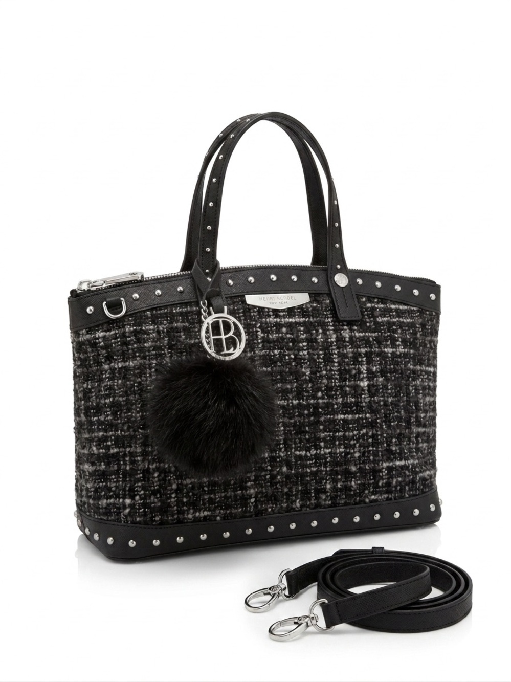 Henri Bendel Black Tweed & Leather Studded Satchel